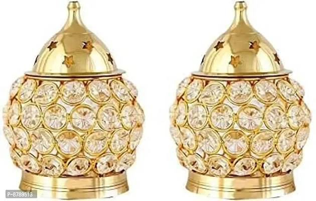 ANVIKA Small Brass and crystal Akhand diya Matki style Brass Table Diya Setnbsp;2nbsp;(Height: 4.5 inch)-thumb0