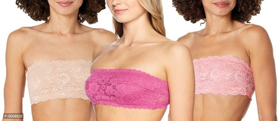 Womens Lace Tube Strapless  Free Transparent Detachable Strap, Lightly Padded Bra Padded Bra (Size Free 28B to 34B) PACK OF 3 Tube bra-thumb0
