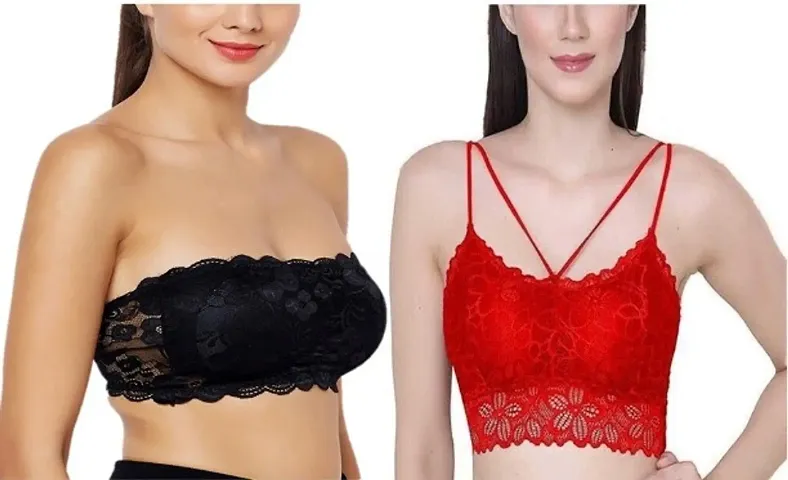 Womens girls fancy Net short Bralette, AND Lace Tube Strapless Free Detachable Strap, Lightly Padded Bra (Size Free 28B to 32B)