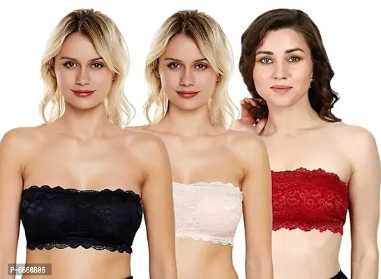 Womens Lace Tube Strapless amp; Free Transparent Detachable Strap, Lightly Padded Bra Padded Bra (Size Free 28B to 34B) PACK OF 3 Tube bra