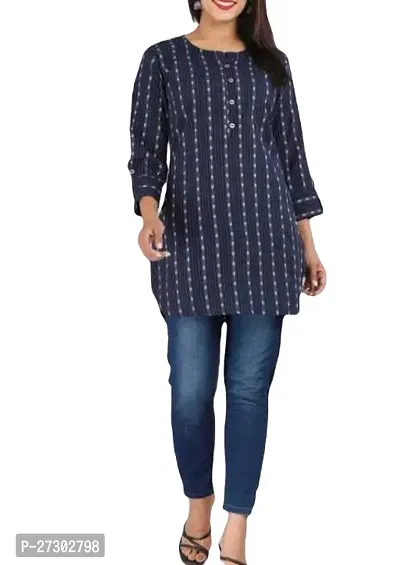 Elegant Navy Blue Cotton Blend Embroidered Short Kurti Kurta For Women-thumb0