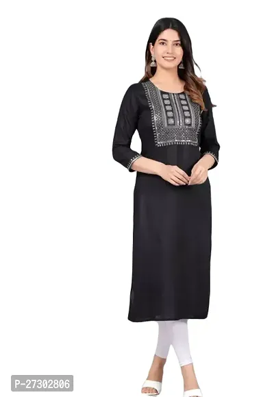 Elegant Black Cotton Blend Embroidered Straight Kurta For Women-thumb0