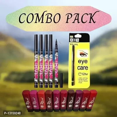 3D-Lips Matte Lipstick Pack Of 10 , Ads Yellow Kajal Pack Of 1 , 36H Black Eyeliner Pack Of 5-thumb0