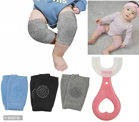 Multicolor Baby Knee Pads (Knee Socks) (Random Color , Pack Of 3) + U- Shape Tooth Brush For Kids (Random Color , Pack Of 1)-thumb0