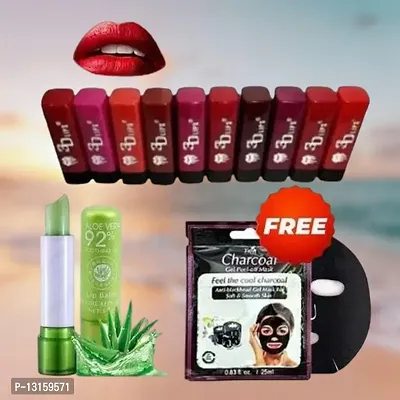 3D-Lips Matte Lipstick Pack Of 10 , Mini Charcoal Mask Pack Of 1 , Aloe Vera Lip Balm Pack Of 1-thumb0