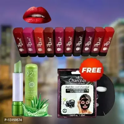 3D-Lips Matte Lipstick Pack Of 10 , Mini Charcoal Mask Pack Of 1 , Aloe Vera Lip Balm Pack Of 1-thumb0