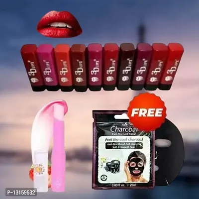 3D-Lips Matte Lipstick Pack Of 10 , Mini Charcoal Mask Pack Of 1 , Pink Magic Lip Balm Pack Of 1-thumb0