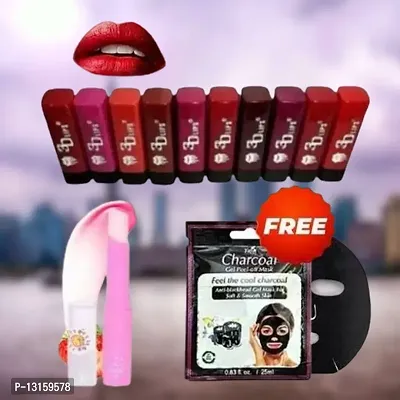 3D-Lips Matte Lipstick Pack Of 10 , Mini Charcoal Mask Pack Of 1 , Pink Magic Lip Balm Pack Of 1-thumb0