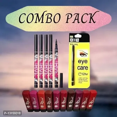 3D-Lips Matte Lipstick Pack Of 10 , Ads Yellow Kajal Pack Of 1 , 36H Black Eyeliner Pack Of 5-thumb0