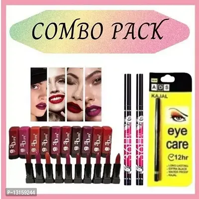 3D-Lips Matte Lipstick Pack Of 10 , Ads Yellow Kajal Pack Of 1 , 36H Black Eyeliner Pack Of 2-thumb0