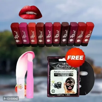 3D-Lips Matte Lipstick Pack Of 10 , Mini Charcoal Mask Pack Of 1 , Pink Magic Lip Balm Pack Of 1-thumb0