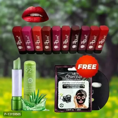 3D-Lips Matte Lipstick Pack Of 10 , Mini Charcoal Mask Pack Of 1 , Aloe Vera Lip Balm Pack Of 1