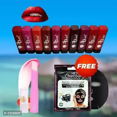 3D-Lips Matte Lipstick Pack Of 10 , Mini Charcoal Mask Pack Of 1 , Pink Magic Lip Balm Pack Of 1