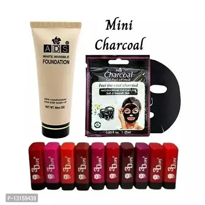 3D-Lips Matte Lipstick Pack Of 10 , Mini Charcoal Mask Pack Of 1 , Ads Foundation Pack Of 1-thumb0