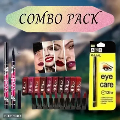 3D-Lips Matte Lipstick Pack Of 10 , Ads Yellow Kajal Pack Of 1 , 36H Black Eyeliner Pack Of 2