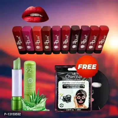 3D-Lips Matte Lipstick Pack Of 10 , Mini Charcoal Mask Pack Of 1 , Aloe Vera Lip Balm Pack Of 1-thumb0