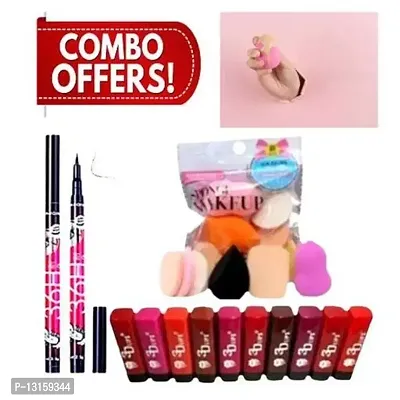 3D-Lips Matte Lipstick Pack Of 10 , 36H Black Eyeliner Pack Of 2 , Blender Puff Set Pack Of 1-thumb0