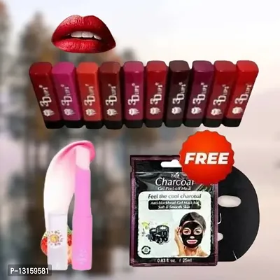 3D-Lips Matte Lipstick Pack Of 10 , Mini Charcoal Mask Pack Of 1 , Pink Magic Lip Balm Pack Of 1-thumb0