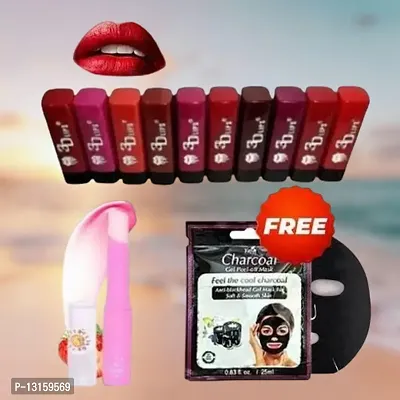 3D-Lips Matte Lipstick Pack Of 10 , Mini Charcoal Mask Pack Of 1 , Pink Magic Lip Balm Pack Of 1-thumb0