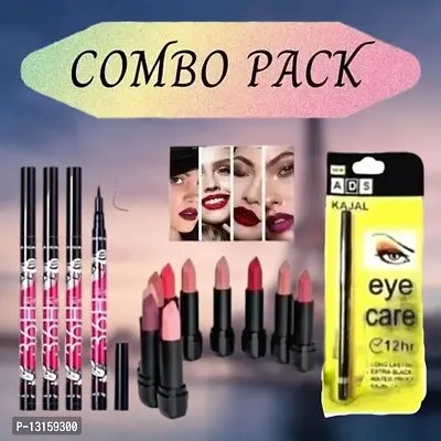 3D-Lips Matte Lipstick Pack Of 10 , Ads Yellow Kajal Pack Of 1 , 36H Black Eyeliner Pack Of 4