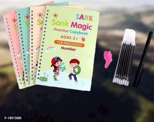 Sank Magic Practice Copybook, 4 Pcs Magic Calligraphy That Can Be Reused Handwriting Copybook Set with Pen and Pen Sleeve, Sank Magic Handwriting Book for Kid Calligraphic Letter Writing (4 Books + 10 Refill + 1 Pen +1 Fingertip)