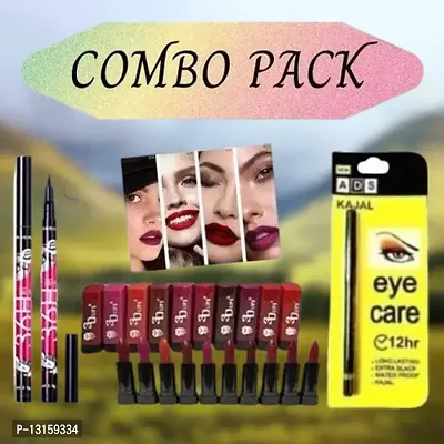 3D-Lips Matte Lipstick Pack Of 10 , Ads Yellow Kajal Pack Of 1 , 36H Black Eyeliner Pack Of 2-thumb0