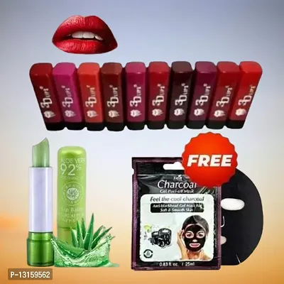 3D-Lips Matte Lipstick Pack Of 10 , Mini Charcoal Mask Pack Of 1 , Aloe Vera Lip Balm Pack Of 1-thumb0