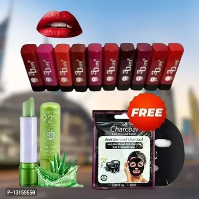 3D-Lips Matte Lipstick Pack Of 10 , Mini Charcoal Mask Pack Of 1 , Aloe Vera Lip Balm Pack Of 1-thumb0