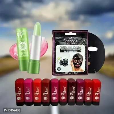 3D-Lips Matte Lipstick Pack Of 10 , Mini Charcoal Mask Pack Of 1 , Aloe Vera Lip Balm Pack Of 1-thumb0