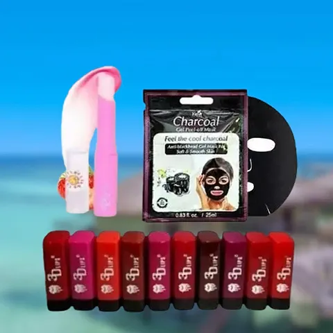3D-Lips Matte Lipstick Pack Of 10  with Mini Charcoal Mask And Pink Magic Lip Balm