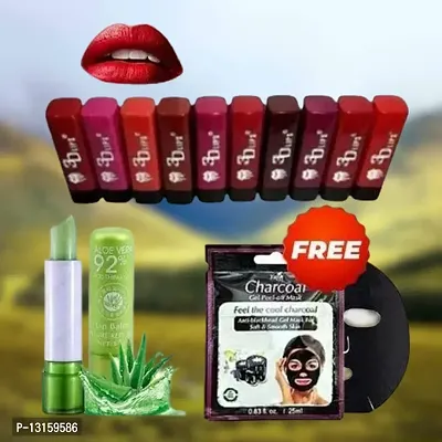 3D-Lips Matte Lipstick Pack Of 10 , Mini Charcoal Mask Pack Of 1 , Aloe Vera Lip Balm Pack Of 1-thumb0