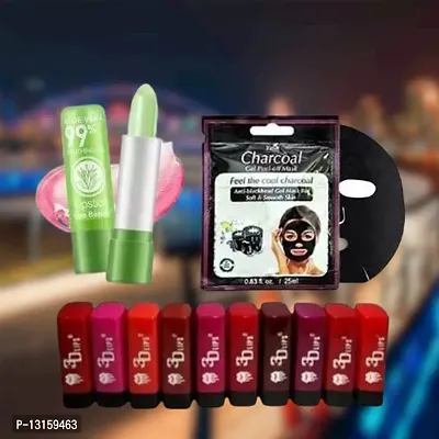 3D-Lips Matte Lipstick Pack Of 10 , Mini Charcoal Mask Pack Of 1 , Aloe Vera Lip Balm Pack Of 1-thumb0