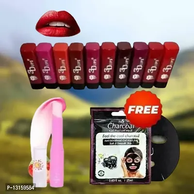 3D-Lips Matte Lipstick Pack Of 10 , Mini Charcoal Mask Pack Of 1 , Pink Magic Lip Balm Pack Of 1-thumb0