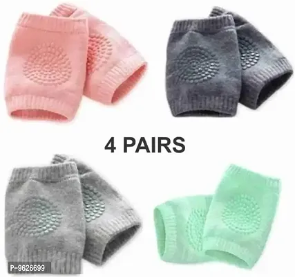 Baby Elastic Soft Breathable Cotton Anti-Slip Knee Pads Elbow Safety Protector Pads For Crawling For Kids (Random Color , Pack Of 4)-thumb0