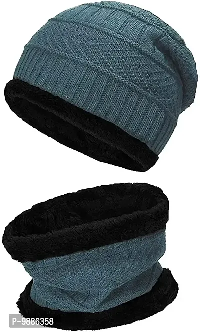 2IN1 Ultra Soft Unisex Woolen Beanie Cap Plus Muffler Scarf Set for Men Women Girl Boy - Warm, Snow Proof - 20 Degree Temperature Pack of 1 set , Random Color