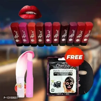 3D-Lips Matte Lipstick Pack Of 10 , Mini Charcoal Mask Pack Of 1 , Pink Magic Lip Balm Pack Of 1-thumb0