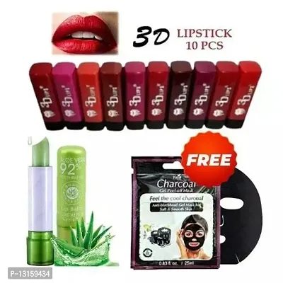 3D-Lips Matte Lipstick Pack Of 10 , Mini Charcoal Mask Pack Of 1 , Aloe Vera Lip Balm Pack Of 1-thumb0