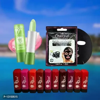 3D-Lips Matte Lipstick Pack Of 10 , Mini Charcoal Mask Pack Of 1 , Aloe Vera Lip Balm Pack Of 1-thumb0