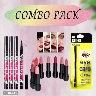 3D-Lips Matte Lipstick Pack Of 10 , Ads Yellow Kajal Pack Of 1 , 36H Black Eyeliner Pack Of 4-thumb0