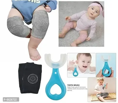 Multicolor Baby Knee Pads (Knee Socks) (Random Color , Pack Of 1) + U- Shape Tooth Brush For Kids (Random Color , Pack Of 1)-thumb0