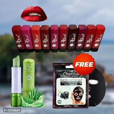 3D-Lips Matte Lipstick Pack Of 10 , Mini Charcoal Mask Pack Of 1 , Aloe Vera Lip Balm Pack Of 1-thumb0