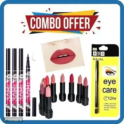 3D-Lips Matte Lipstick Pack Of 10 , Ads Yellow Kajal Pack Of 1 , 36H Black Eyeliner Pack Of 4