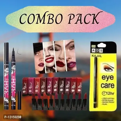 3D-Lips Matte Lipstick Pack Of 10 , Ads Yellow Kajal Pack Of 1 , 36H Black Eyeliner Pack Of 2-thumb0