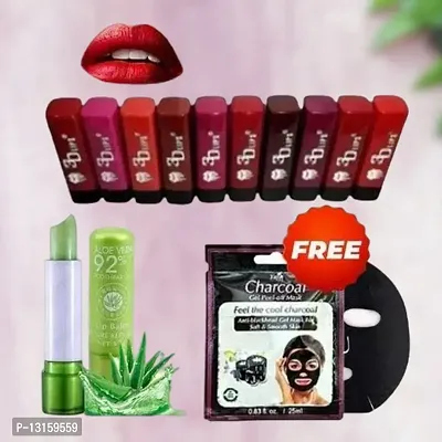 3D-Lips Matte Lipstick Pack Of 10 , Mini Charcoal Mask Pack Of 1 , Aloe Vera Lip Balm Pack Of 1-thumb0