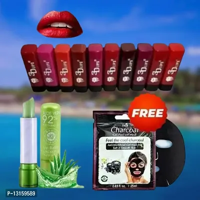 3D-Lips Matte Lipstick Pack Of 10 , Mini Charcoal Mask Pack Of 1 , Aloe Vera Lip Balm Pack Of 1