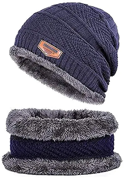 DIGITAL SHOPEE 2 Pieces Winter Cap Neck Scarf Set Warm Knitted Fur Lined for Men  Women Free Size