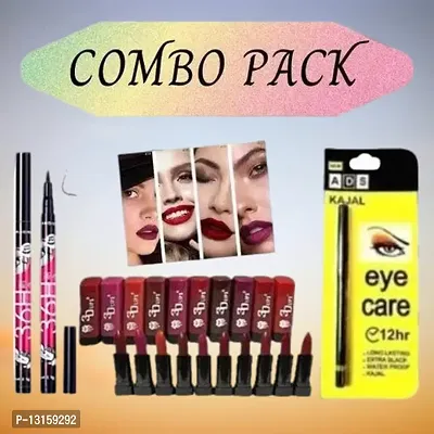 3D-Lips Matte Lipstick Pack Of 10 , Ads Yellow Kajal Pack Of 1 , 36H Black Eyeliner Pack Of 2-thumb0