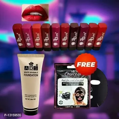 3D-Lips Matte Lipstick Pack Of 10 , Mini Charcoal Mask Pack Of 1 , Ads Foundation Pack Of 1-thumb0