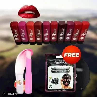 3D-Lips Matte Lipstick Pack Of 10 , Mini Charcoal Mask Pack Of 1 , Pink Magic Lip Balm Pack Of 1-thumb0