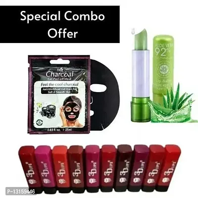 3D-Lips Matte Lipstick Pack Of 10 , Mini Charcoal Mask Pack Of 1 , Aloe Vera Lip Balm Pack Of 1